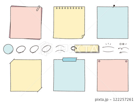 手描きのメモやノートのフレームセット 付箋・バインダー・紙 C02 文字なし 手描きのメモやノートのフレームセット 付箋・バインダー・紙 C02 文字なし 122257261