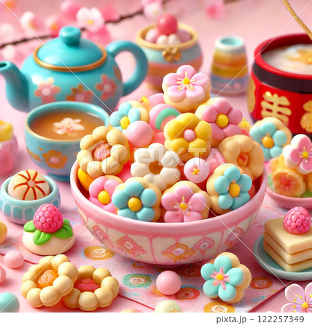 カラフルでお花を型どったお菓子のひな祭り 122257349
