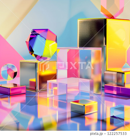 Vibrant Geometric Shapes with Glossy Multicolor Surfaces for Modern Design and Art Projects 122257533