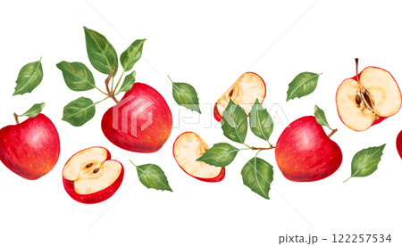 Seamless border with red apples, slices and green leaves. Botanical illustration watercolor, marker. Hand drawn isolated horizontal banner. Garden fruits sketch for juice packaging design, production. 122257534
