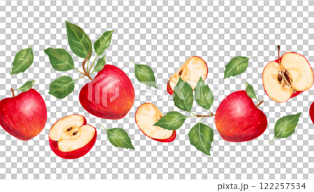 Seamless border with red apples, slices and green leaves. Botanical illustration watercolor, marker. Hand drawn isolated horizontal banner. Garden fruits sketch for juice packaging design, production. 122257534