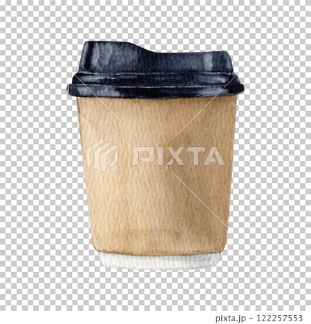 Watercolor illustration of a takeaway coffee in paper cup with a black lid on white background 122257553