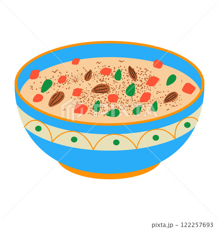 Ashure with pomegranate and nuts. Traditional Turkish dessert. Vector hand drawn illustration Ashure with pomegranate and nuts. Traditional Turkish dessert. Vector hand drawn illustration 122257693