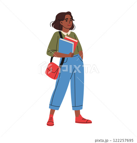 Young girl with bag holds books. Education concept. Hand drawn style 122257695