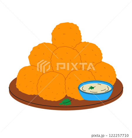 Fried carrot balls with sauce on wooden board. Traditional Middle Eastern food. Vector hand drawn illustration. Fried carrot balls with sauce on wooden board. Traditional Middle Eastern food. Vector hand drawn illustration. 122257710