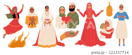 Set of people during traditional Muslim holidays. Muslim bride, Mother's day, women's day, Novruz festival, henna night, Eid al Fitr Mubarak celebration, Eid al-Adha, Valentine's day 122257714