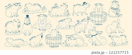 Cute capybara set with text. Set of exotic rodents swimming in pond, relaxing, eating leaves, walking. Crayon texture. Hand drawn vector illustration. 122257715