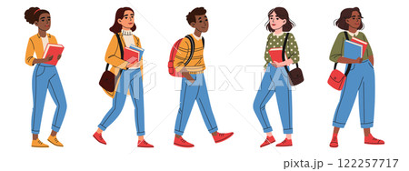 Set of young students with backpacks and books. Education concept. Hand drawn style 122257717