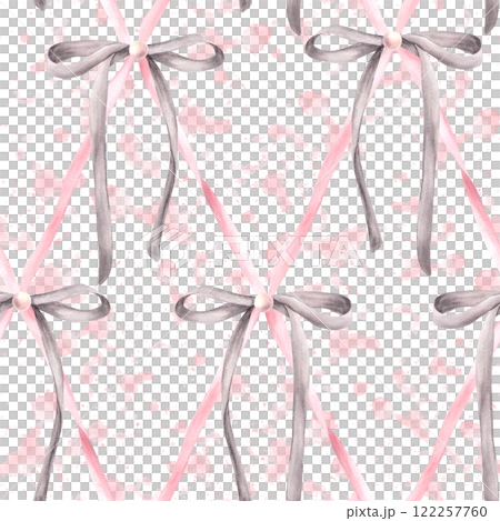 Grey Bows seamless pattern on watercolor spotted splashes rose background. Cute pink pearl hair ribbon, Girl coquette fabric in diamond lattice design. Girly style. Hand drawn illustration Isolated. Grey Bows seamless pattern on watercolor spotted splashes rose background. Cute pink pearl hair ribbon, Girl coquette fabric in diamond lattice design. Girly style. Hand drawn illustration Isolated. 122257760