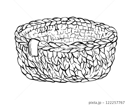 Knitted basket.Vector black line art hand drawing illustration. Hobby knitting handmade element for yarn skeins, macrame. Isolated from background clipart for handicraft product logo, sticker, label. Knitted basket.Vector black line art hand drawing illustration. Hobby knitting handmade element for yarn skeins, macrame. Isolated from background clipart for handicraft product logo, sticker, label. 122257767