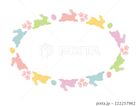 イースターのシンプルなフレーム：パステルカラーのイースターエッグとウサギと桜の花 122257962