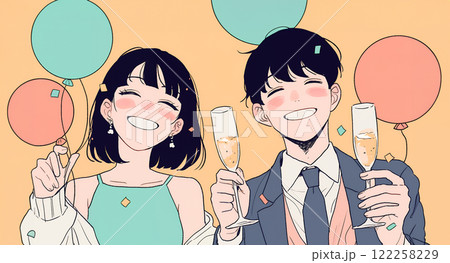 乾杯してお祝いする幸せな若いカップル 122258229