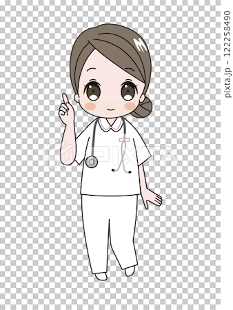 一位微笑的護士擺出指向姿勢的插圖 122258490