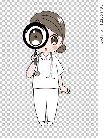 Illustration of a nurse looking closely through a magnifying glass Illustration of a nurse looking closely through a magnifying glass 122258491