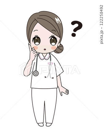 不思議に思って頭の上にはてなが出ている看護師さんのイラスト 122258492