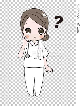 不思議に思って頭の上にはてなが出ている看護師さんのイラスト 122258492