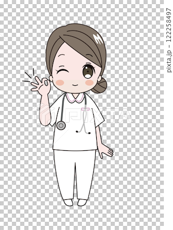 一名護士一邊眨眼一邊用手說「好」的插圖 一名護士一邊眨眼一邊用手說「好」的插圖 122258497