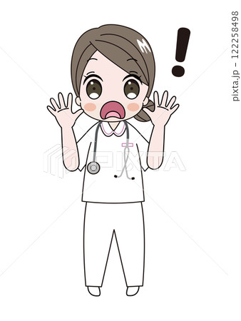 大きな口を開けてびっくりしている看護師さんのイラスト 122258498