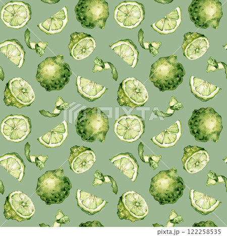 Juicy lime and bergamot pattern isolated. Green citrus fruits in a watercolor botanical style on repeated background. Seamless design for wrapping paper, fabric, wallpaper, and kitchen prints. 122258535