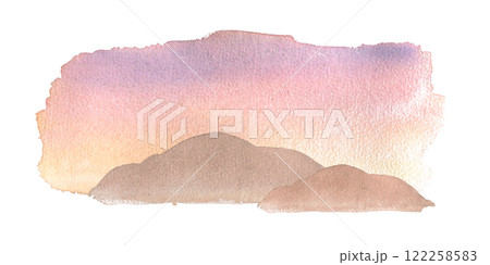 Dunes at sunset with soft watercolor colors isolated on white. Landscape horizon desert in warm tones. Sky pale pink violet and sand hills scenery hand drawn. Evening hot wild scenery in sketch art. Dunes at sunset with soft watercolor colors isolated on white. Landscape horizon desert in warm tones. Sky pale pink violet and sand hills scenery hand drawn. Evening hot wild scenery in sketch art. 122258583