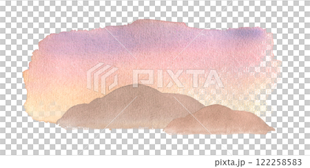 Dunes at sunset with soft watercolor colors isolated on white. Landscape horizon desert in warm tones. Sky pale pink violet and sand hills scenery hand drawn. Evening hot wild scenery in sketch art. Dunes at sunset with soft watercolor colors isolated on white. Landscape horizon desert in warm tones. Sky pale pink violet and sand hills scenery hand drawn. Evening hot wild scenery in sketch art. 122258583