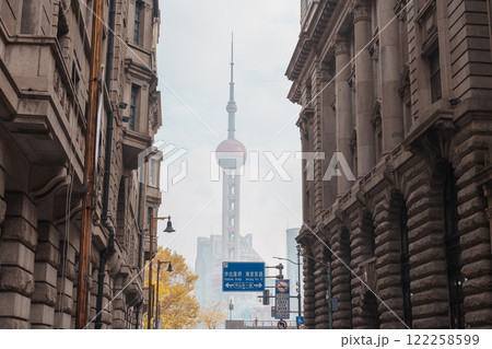 Cityscape view of Shanghai city in the morning. Skyscraper of Lujiazui in Pudong, view from The Rock Bund of Shanghai, China. landmark and popular for tourism attractions. Travel and Vacation concept 122258599