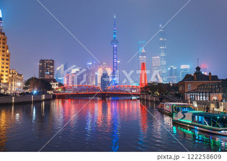 Cityscape view of Shanghai city at night. Skyscraper of Lujiazui in Pudong, view from The Bund of Shanghai, China. landmark and popular for tourism attractions. Travel and Vacation concept 122258609