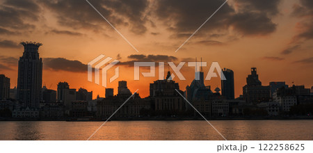 Cityscape view of Shanghai city at sunset. Skyscraper of the Bund, view from Lujiazui in Pudong of Shanghai, China. landmark and popular for tourism attractions. Travel and Vacation concept 122258625
