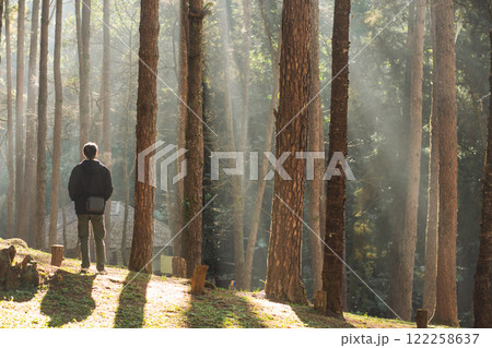 travel and people activity concept with asian man hiking in tropical forest with pine tree on mountain 122258637