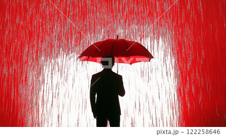 on your island of safety man silhouette standing under umbrella saving from red bloody rain 122258646