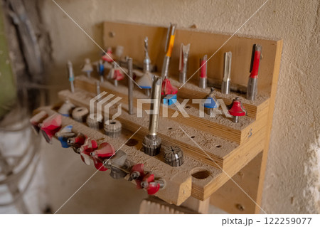 Wall with various carpentry tools. 122259077