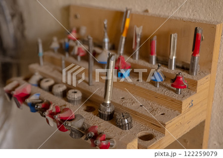 Wall with various carpentry tools. Wall with various carpentry tools. 122259079