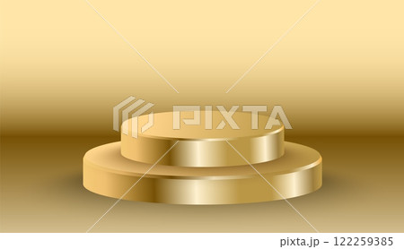 Realistic golden blank product podium scene isolated on gold background. Gold metallic shape for product branding. Vector concept 122259385