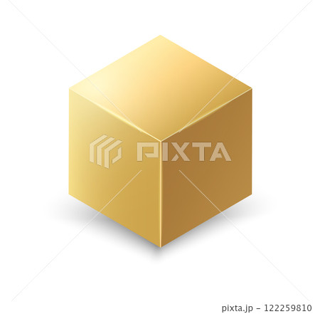 3d gold metallic cube. Realistic vector geometric shape. Golden glossy box with shadow 122259810