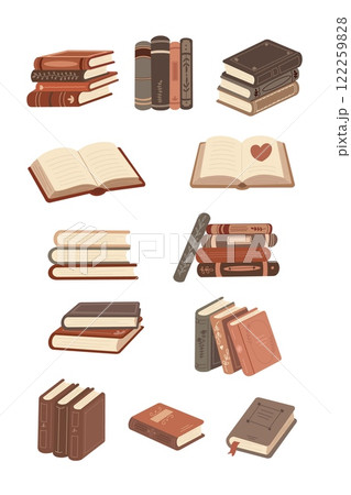 Vintage Book Set with Cozy Aesthetic for Stationery, Bookstore Logos, Posters, Stickers, and Educational Designs. Vector illustration Vintage Book Set with Cozy Aesthetic for Stationery, Bookstore Logos, Posters, Stickers, and Educational Designs. Vector illustration 122259828