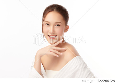 Beautiful young asian woman with clean fresh skin on white background, Face care, Facial treatment, Cosmetology, beauty and spa, Asian women portrait. 122260129