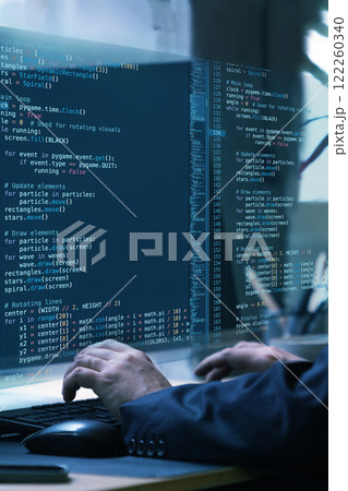 Virtual programming environment combining fictional program code, showcasing innovation, adaptability, and creativity within digital workflows. 122260340