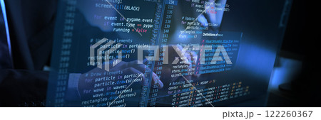 Interactive virtual coding workspace displaying fictional code, blending human input and advanced technology for digital creations. Interactive virtual coding workspace displaying fictional code, blending human input and advanced technology for digital creations. 122260367