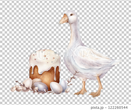 Watercolor hand drawn Illustration of goose and Easter Kulich with White Icing and Colorful Sprinkles. Colored Chicken and quail eggs and Traditional Easter cake and adorned with willow branches. 122260544