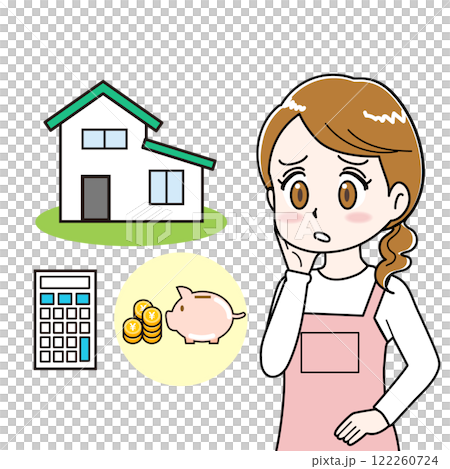 Illustration of a woman (housewife) struggling with mortgage repayments 122260724