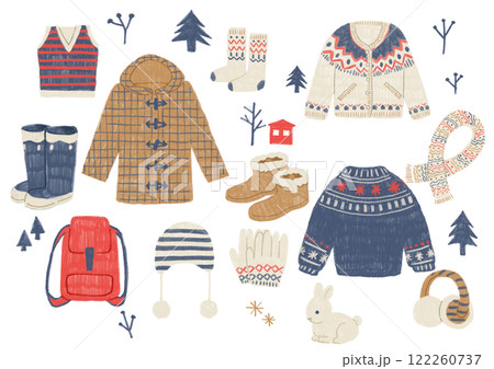 色鉛筆で描いた冬の小物セット 122260737