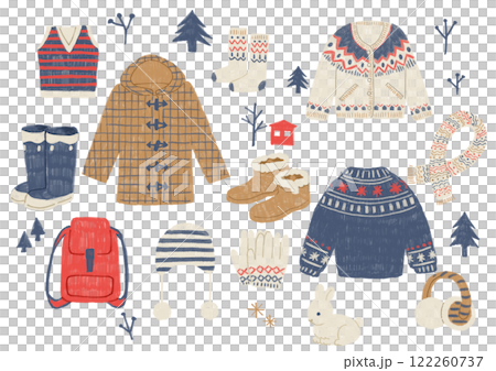 A set of winter accessories drawn with colored pencils 122260737
