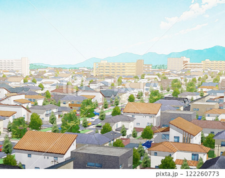家　住宅　マイホーム　住まい　街　手描き　水彩画 122260773