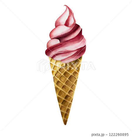 Strawberry, raspberry, cherry soft ice cream in crispy waffle cone. Hand painting sweet watercolor illustration isolated on background. For designers, menu, shop, decoration, restaurant, for postcards 122260895