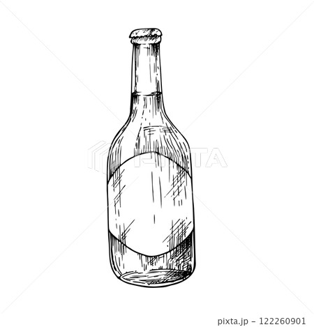 Vector Glass bottle of soda, beer. Graphic ink ale illustration isolated on background. Hand drawn line sketch. For designers, prints, logo, menu, postcards, wrapping paper, holiday, covers 122260901