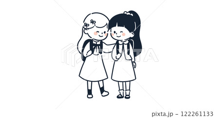 入学式にランドセルを背負って微笑み合う仲のいい女の子の友達のシンプルでかわいいイラスト 入学式にランドセルを背負って微笑み合う仲のいい女の子の友達のシンプルでかわいいイラスト 122261133
