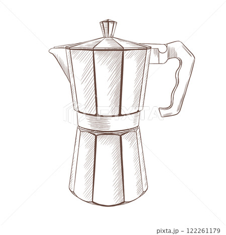 Metal geyser coffee maker on fire with coffee filter for preparing aromatic and rich ground coffee as a symbol of the morning ritual of coffee lovers.Vector illustration hand drawn in line style 122261179