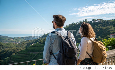 Happy Romantic Middle Aged Couple Enjoying Beautiful Sunset Travel  122261239