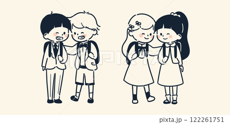 入学式にランドセルを背負って微笑み合う仲のいい男の子と女の子の友達のシンプルでかわいいイラスト 122261751