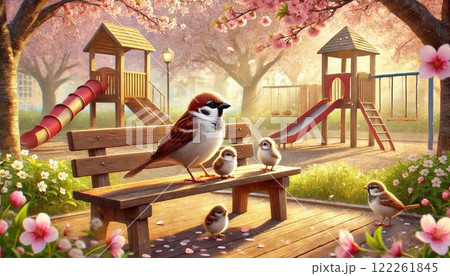 春の公園とスズメの親子 春の公園とスズメの親子 122261845